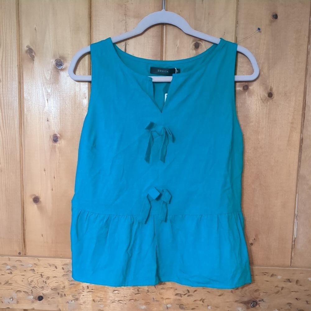 Zesica Womens Linen Peplum Tank Top Bow Tie Front Sleeveless Kelly Green NWT